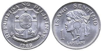 Филиппины 1 сентимо 1969 вождь острова Мактан Лапу-Лапу KM 196 алюминий UNC 26-862