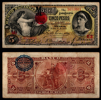 Мексика 5 песо 1910 Аллегорическая женщина ("Этюд"), М. Гарсия Теруэль Pick S257 c бумага 451-1280-3