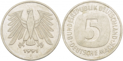 ФРГ 5 МАРОК 1991 J, KM 140.1 медно-никель плакированный никелем 115-823
