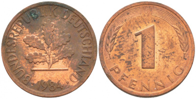 ФРГ 1 ПФЕННИГ 1984 J KM 105, J.380 сталь плакированная медью 4396-1535