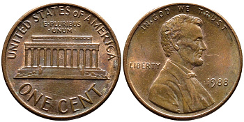 США 1 ЦЕНТ 1988 KM 201b медь-цинк 4178-262