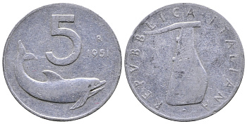 ИТАЛИЯ 5 ЛИР 1951 R, РУЛЬ, ДЕЛЬФИН KM 92 алюминий 51-2357