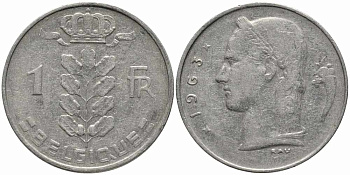 Бельгия 1 франк 1963 Belgique, Бодуэн I (1951-1993) KM 142.1 медно-никель 4175-252