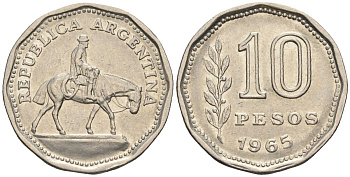 Аргентина 10 песо 1965 Гаучо KM 60, Schon 60, CJ 284 никелированная сталь    60-943