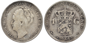 Нидерландское Кюрасао 1 гульден 1944 D, Вильгельмина (1890-1948) KM 45 серебро 36-314