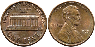 США 1 ЦЕНТ 1988 KM 201b медь-цинк 4178-262