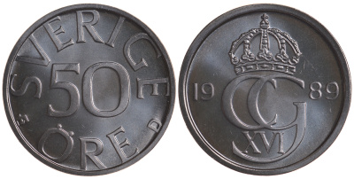 Швеция 50 эре 1989 D Карл XVI Густав (1973- ) KM 855 медно-никель PROOFLIKE 4382-1213