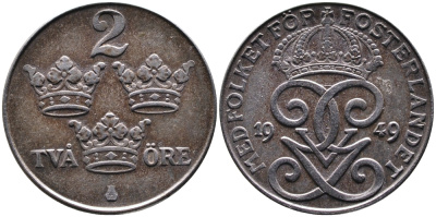 Швеция 2 эре 1949 длинная 9, Густав V (1907-1950) KM 811 железо 4388-1126