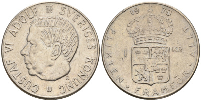 Швеция 1 крона 1970 U, Густав VI Адольф (1950-1973) KM 826а медь плакированная медно-никелем 4161-636