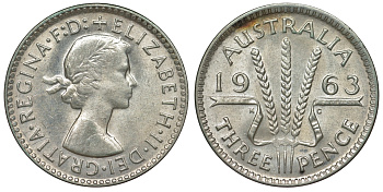 Австралия 3 пенса 1963 m, Елизавета II (1952-2022) KM 57 серебро 71-934