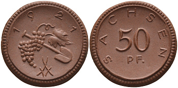 Саксония 50 пфеннигов 1921 виноград и лопата J. N 54 фарфор 1094-6-84