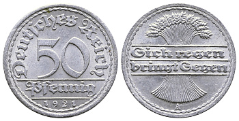 Германия 50 пфеннигов 1921 A KM 27, J.301, Weege 10 алюминий 4380-825