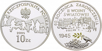 Польша 10 злотых 2005 MW, 60 лет окончания Второй мировой войны, голубь мира, цветная эмаль KM 554 серебро PROOF 1074-8-23