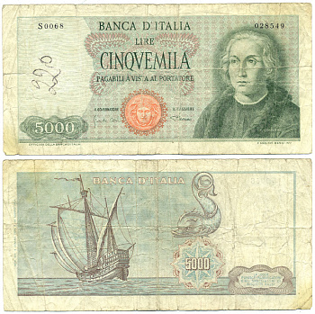 Италия 5000 лир 1964 Кристофор Колумб, Парусник Санта Мария, Pick 98b бумага 7551-45-2-1