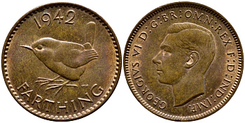 Великобритания 1 фартинг 1942 Георг VI (1936-1952) KM 843, Spink 4116 бронза UNC 08-534