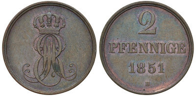 Ганновер 2 пфеннига 1851 B, Эрнст Август (1837-1851) KM 202.1, AKS 124, J. 75 медь 4681-1042