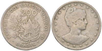 Бразилия 200 реалов 1901 MCMI, голова свободы вправо KM 504 медно-никель 4612-146