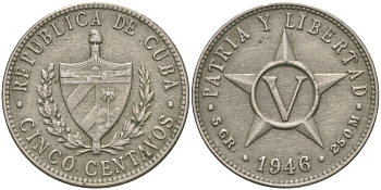 КУБА 5 СЕНТАВО 1946 ЗВЕЗДА, ПЕРВАЯ РЕСПУБЛИКА KM 11.3 медно-никель 98-735