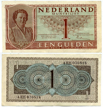 НИДЕРЛАНДЫ 1 ГУЛЬДЕН 1945 ВИЛЬГЕЛЬМИНА Pick 70 бумага 7146-25-1-2