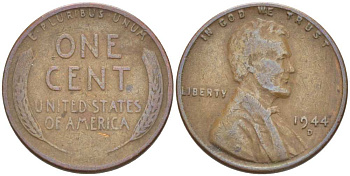 США 1 ЦЕНТ 1944 D, ЛИНКОЛЬН KM А132 медь цинк 218-144