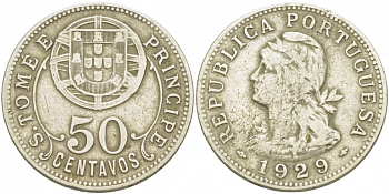 Португальское Сан-Томе и Принсипи 50 сентаво 1929 KM 1 никель бронза 413-2215