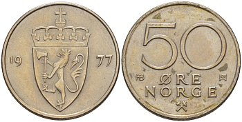 Норвегия 50 эре 1977 Улаф V (1957-1991) KM 418 медно-никель 86-1353
