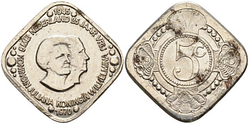 Нидерланды жетон 1980 35 лет освобождению, 5 мая 1945, Вильгельмина - Юлиана медно-никель UNC 4586-722