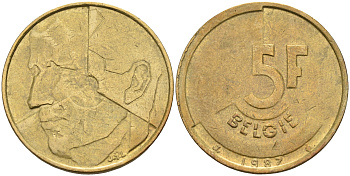 БЕЛЬГИЯ 5 ФРАНКОВ 1987 BELGIE KM 164 латунь или алюминиевая бронза 4589-816