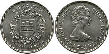 Гибралтар 25 пенсов 1977 25 лет правления Елизаветы II (1952-1977) KM 10 медно-никель UNC 4184-1114