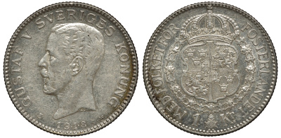 Швеция 1 крона 1918 W, Густав V (1907-1950) KM 786.1 серебро 4178-557