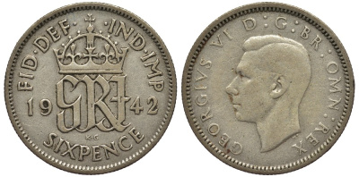 Великобритания 6 пенсов 1942 Георг VI (1936-1952) KM 852, Spink 4084 серебро 4538-455