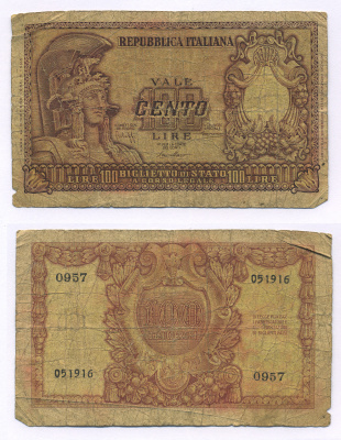 Италия 100 лир 1951 Афина в шлеме, Bolaffi, Cavallaro Pick 92 a бумага 7146-15-1-1