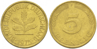 ФРГ 5 ПФЕННИГОВ 1975 F KM 107, J.382 сталь плакированная латунью 3996-1149