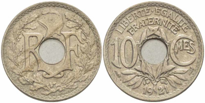 Франция 10 сантимов 1921 тип Линдайё KM 866a, Le Franc 138.3 медно-никель 108-133