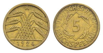 Германия 5 рейхспфеннигов 1924 A KM 39, J. 316 алюминиевая бронза 4636-468
