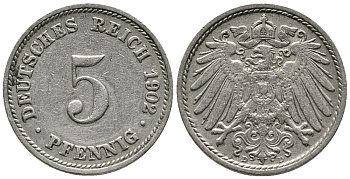 ГЕРМАНИЯ 5 ПФЕННИГОВ 1902 D KM 11, J. 12 медно-никель 39-758