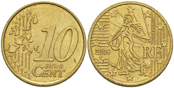 Франция 10 евроцентов 2005 KM 1285 латунь 216-1151