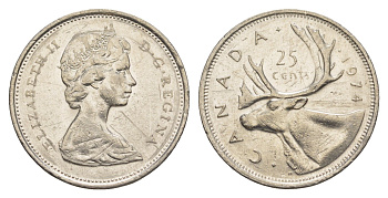 Канада 25 центов 1974 Елизавета II (1952-2022), олень KM 62b никель 4637-816
