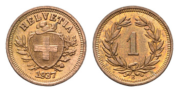 Швейцария 1 раппен 1937 B KM 3.2 бронза aUNC 46-614