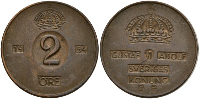 Швеция 2 эре 1954 Густав VI Адольф (1950-1973) KM 821 бронза 4152-442