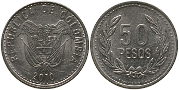 Колумбия 50 песо 2010 KM 283.2a никель латунь 4538-1045