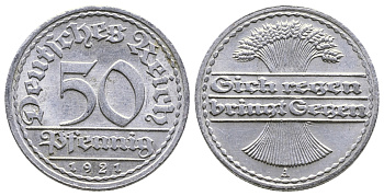 Германия 50 пфеннигов 1921 A KM 27, J.301, Weege 10 алюминий 4380-815