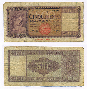 Италия 500 лир 1948 Pick 80а бумага 7146-18-1-1