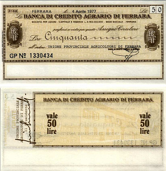 Италия 50 лир 1977 4 апреля 1977 Banca Di credito agrario Di ferrara бумага UNC (пресс) 7222-72-2-2