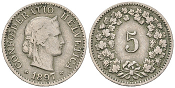 Швейцария 5 раппенов 1897 B, редкий год - тираж 500.000 экземпляров KM 26 медно-никель 4158-724