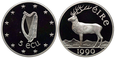 ИРЛАНДИЯ 5 ЭКЮ 1990 ОЛЕНЬ, ПРЕЗИДЕНТСТВО В ЕВРОПАРЛАМЕНТЕ, ТИРАЖ 20000 ЭКЗ., ВЕС 10 ГР., ДИАМЕТР 28 ММ. серебро PROOF 02-230-15