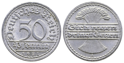 Германия 50 пфеннигов 1921 A KM 27, J.301, Weege 10 алюминий 4380-815