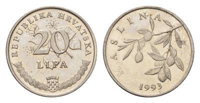 Хорватия 20 кун 1993 олива, легенда на хорватском KM 7 сталь плакированная никелем UNC 4618-336