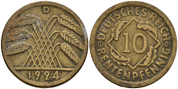 Германия 10 рентенпфеннигов 1924 D J. 309, KM 33 алюминиевая бронза    4603-751