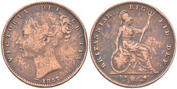 Великобритания 1 фартинг 1857 Виктория (1837-1901), редкий год KM 725, Spink 3950 медь 4613-416